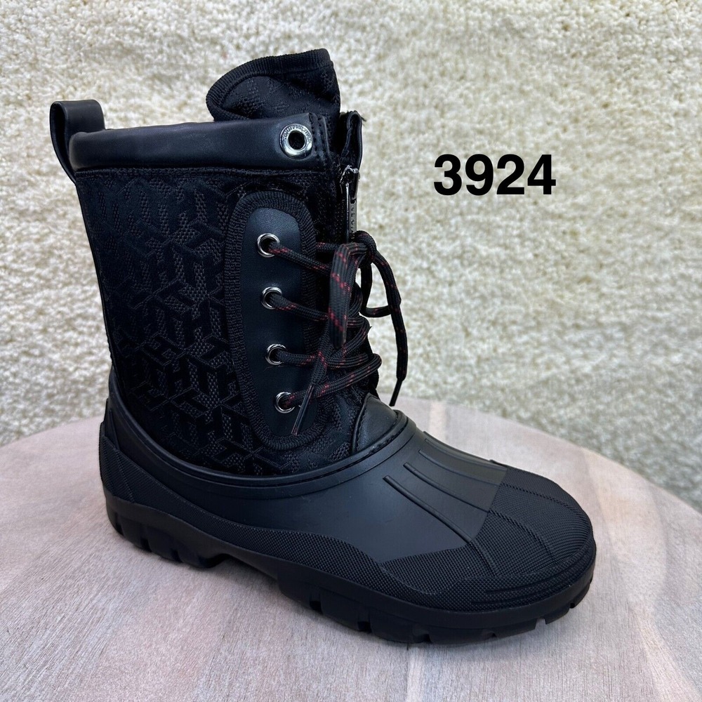 Tommy Hilfiger Womens Black Monogram Faux Fur Lined Duck Boots Size 5